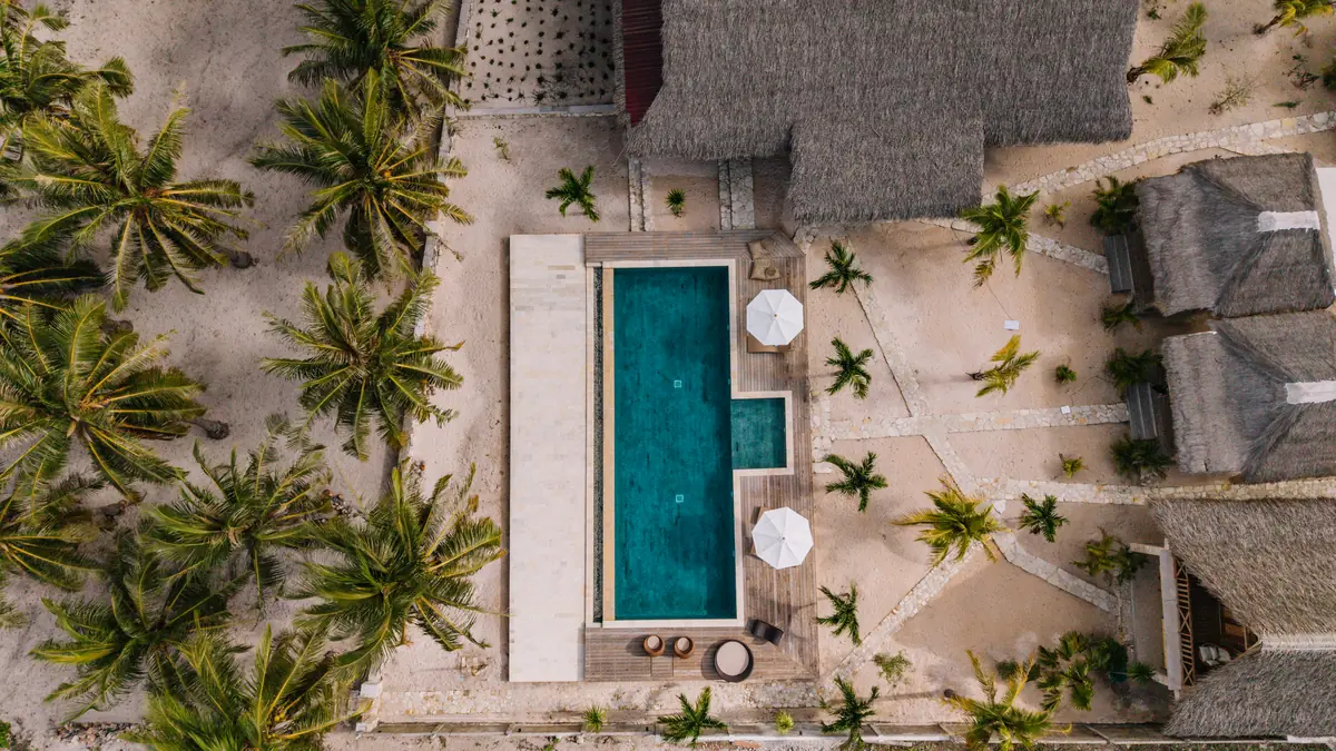The pool, palms and thatched roofs of Villa Dolarosa seen from directly above