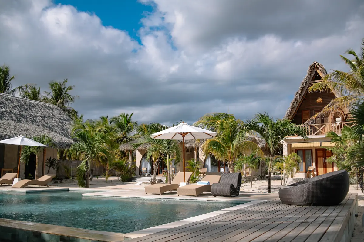 Pool deck and the thatched rooms